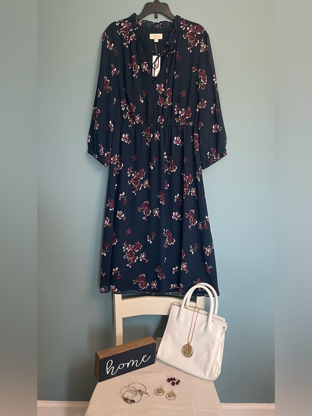 LOFT Navy Floral Midi Dress with Burgundy and White Flowers